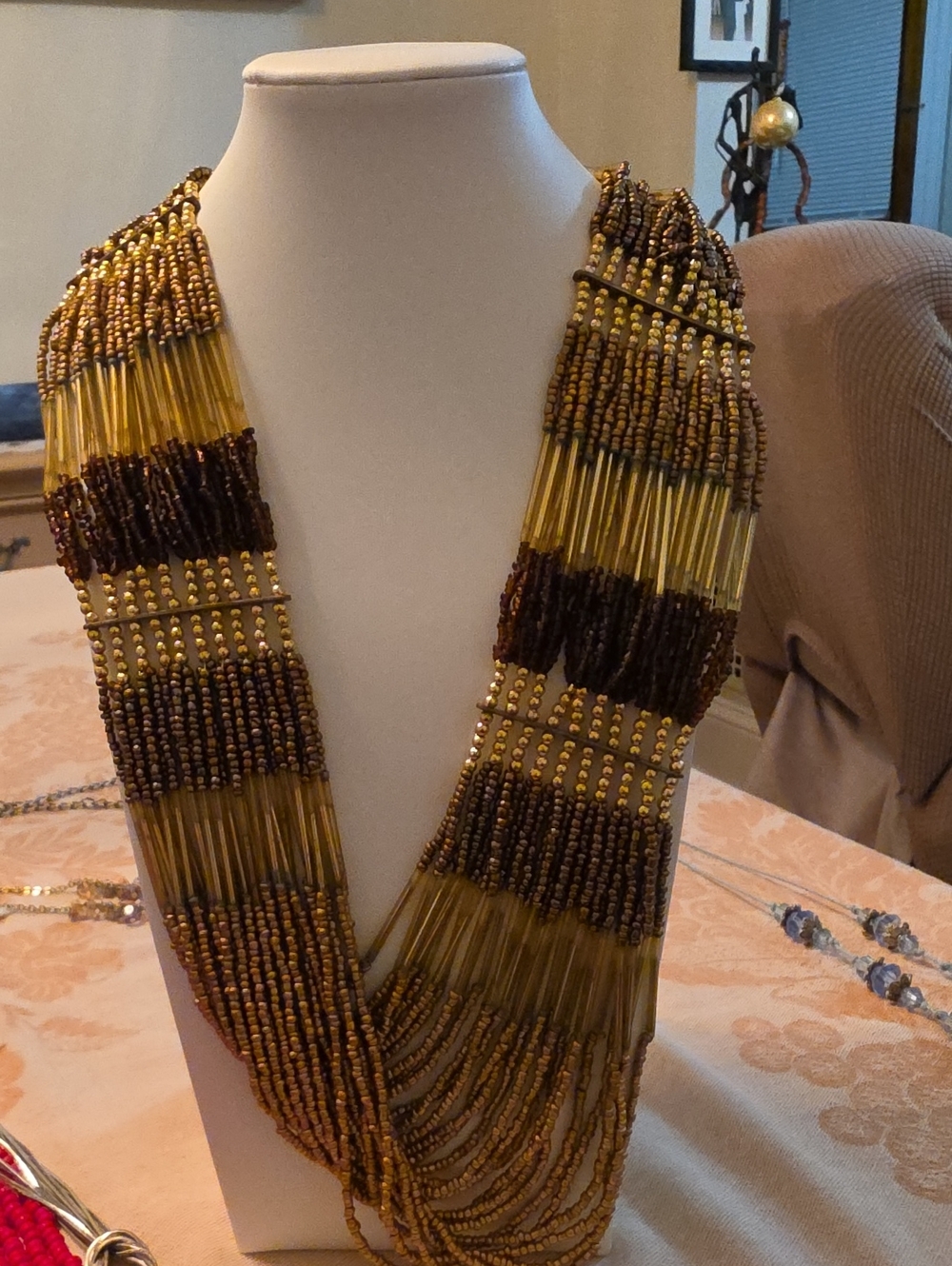 Multi-Strand Brown and Gold Beaded Statement Necklace